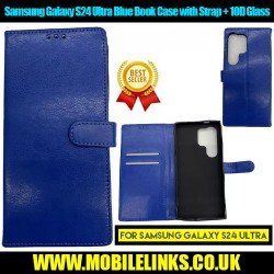 Samsung Galaxy S24 Ultra Blue Book Case with Strap + 10D Tempered Glass